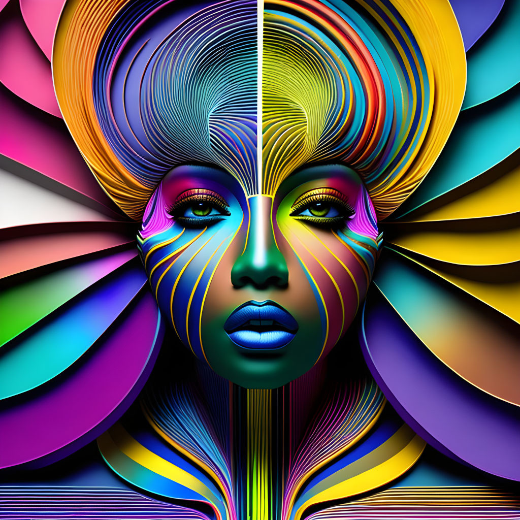 Colorful digital artwork of stylized female face with concentric patterns