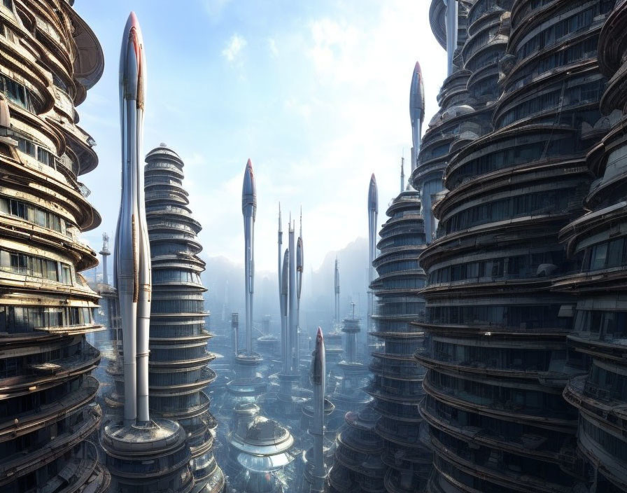 Futuristic cityscape with towering skyscrapers and sleek spires under hazy sky
