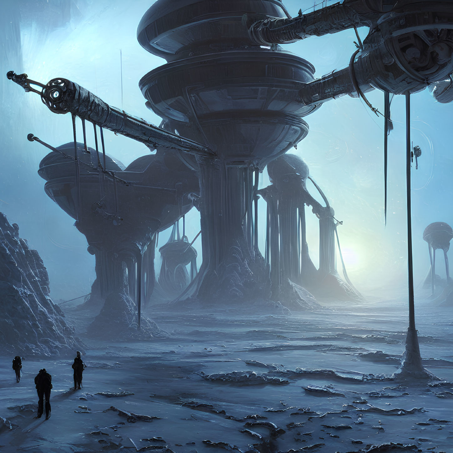 Mysterious alien structures in icy landscape with figures