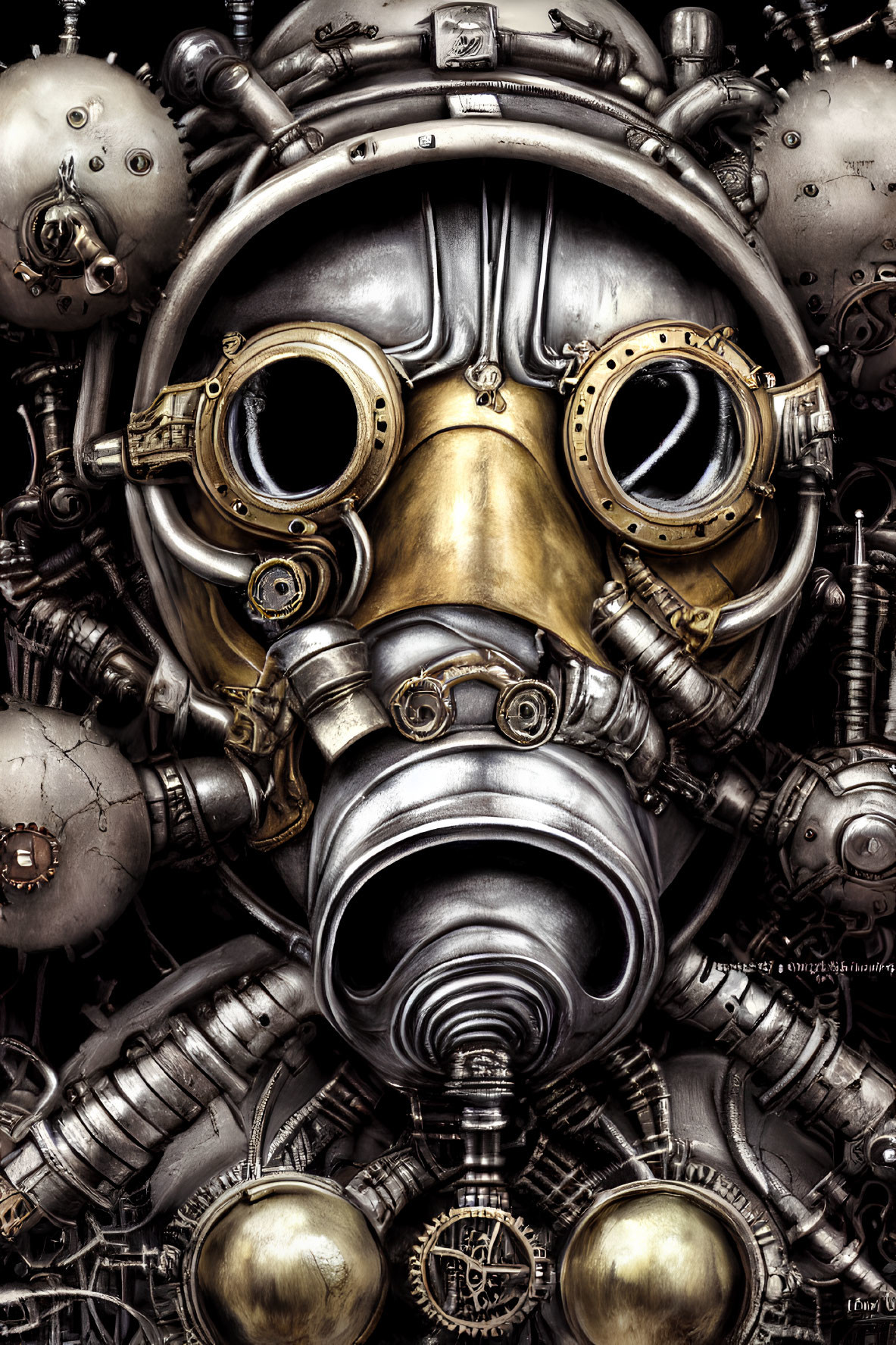 Detailed Steampunk-Style Artwork: Metallic Humanoid Face with Goggles and Respirator surrounded