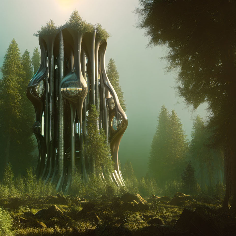 Organic-shaped futuristic building in misty forest