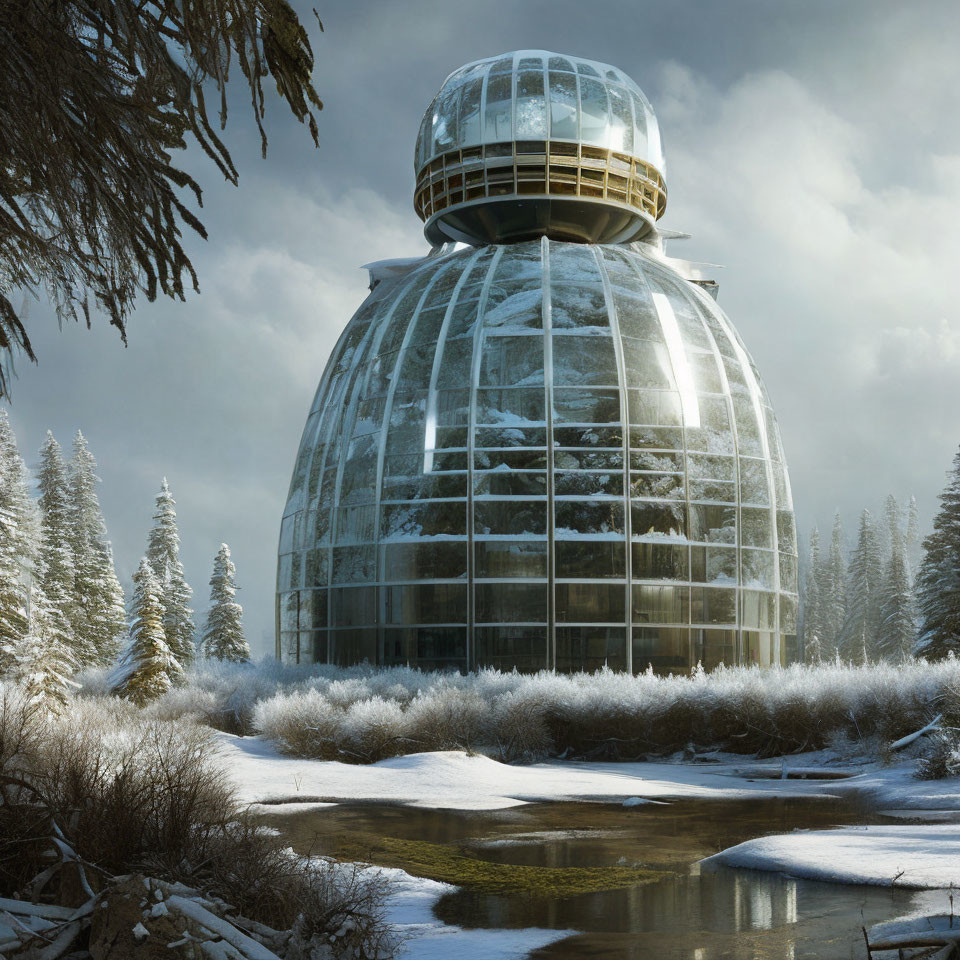 Futuristic glass sphere in snowy forest with frozen lake