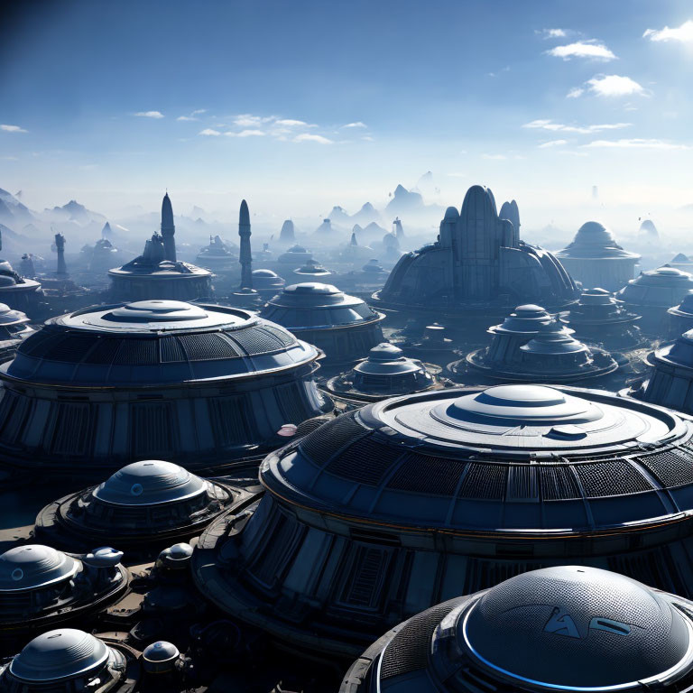 Futuristic cityscape with dome-shaped buildings and towering spires in mountainous terrain