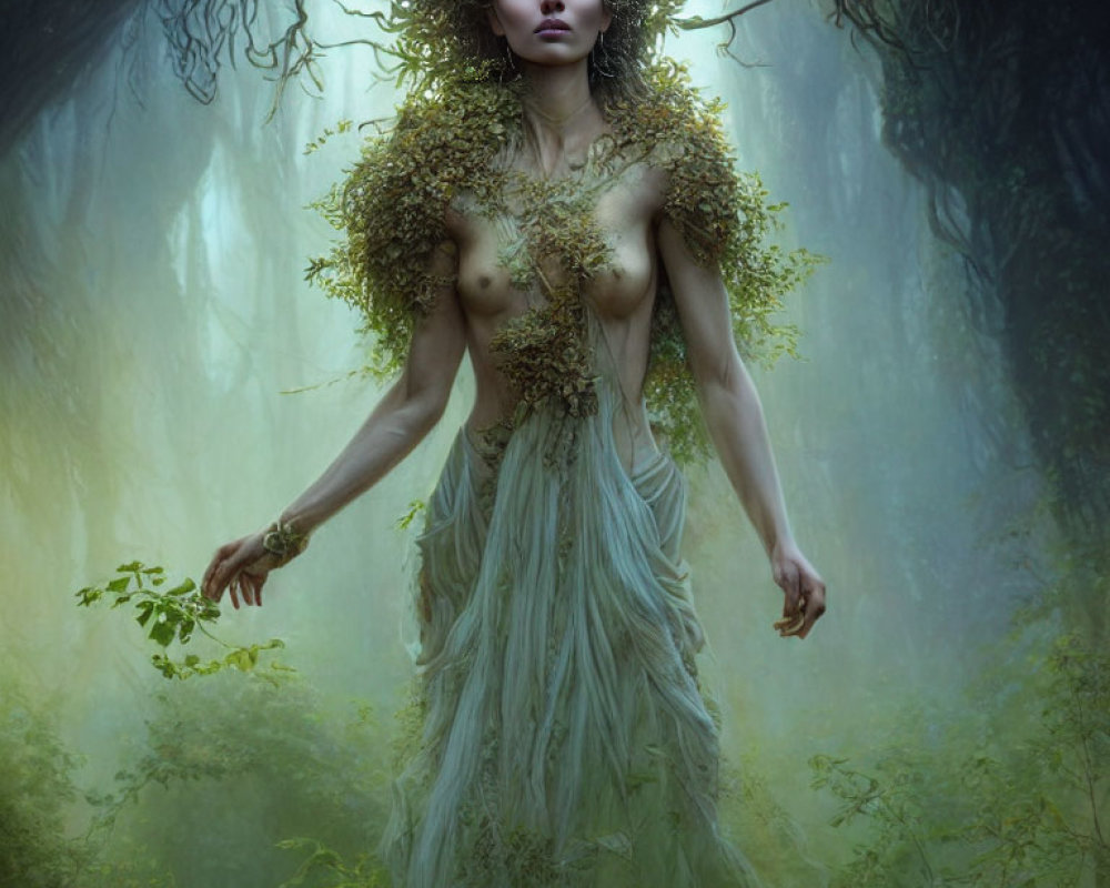 Mystical female figure with foliage hair in foggy forest