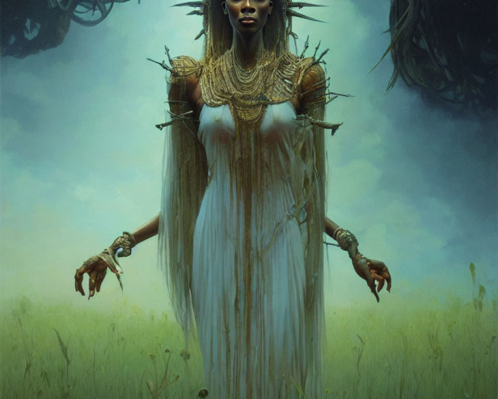 Ethereal woman with tribal adornments in mystical forest