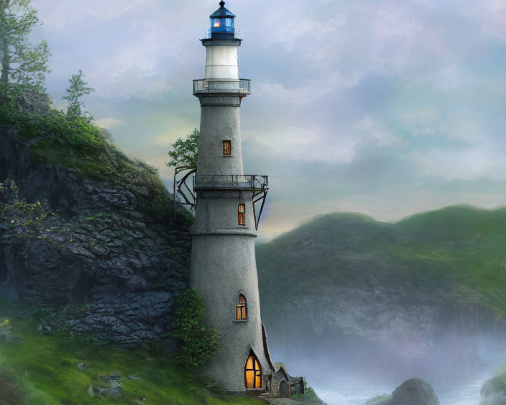 Tranquil digital artwork: lighthouse on cliff with misty waterfalls