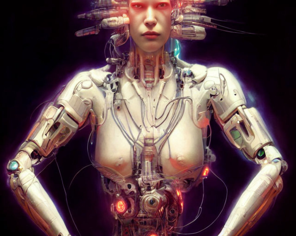 Intricate futuristic cyborg with glowing red elements