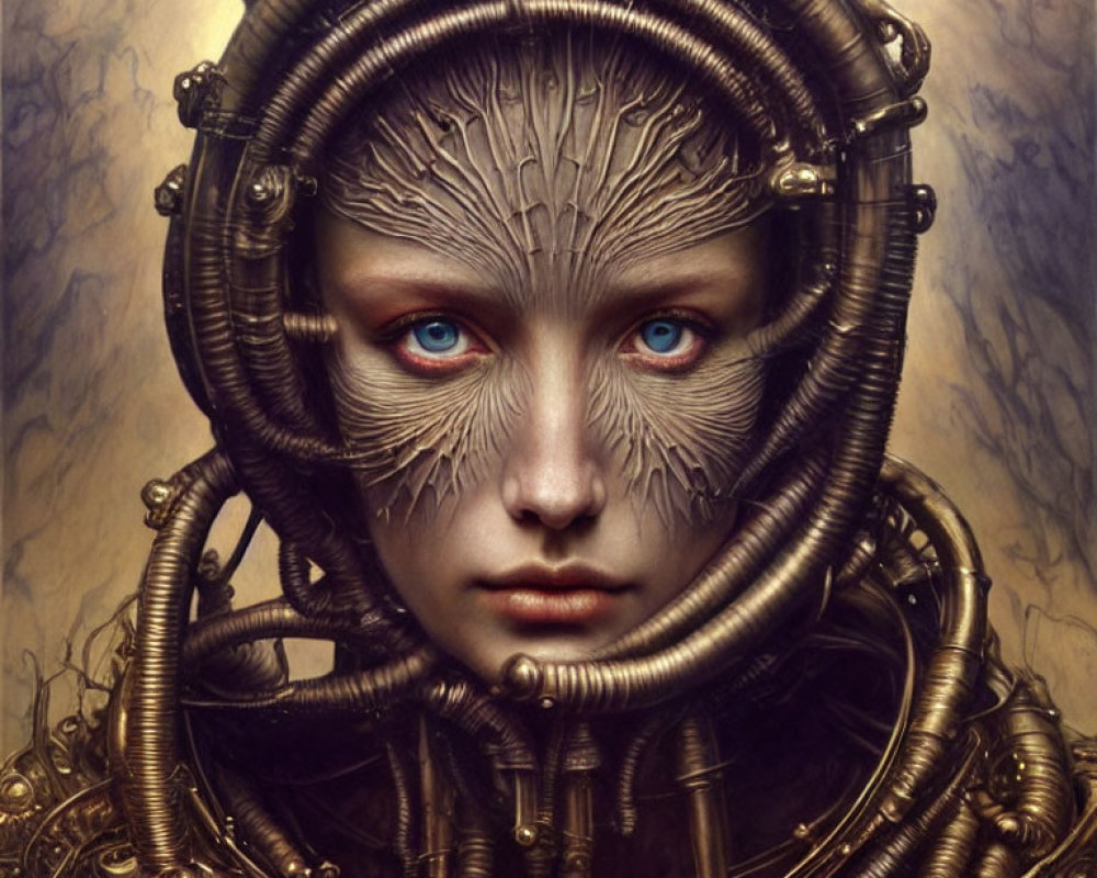 Surreal portrait of person with metallic headgear and blue eyes