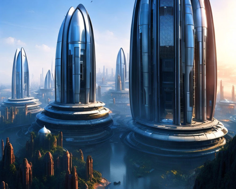 Futuristic cityscape with towering skyscrapers and bridges over water