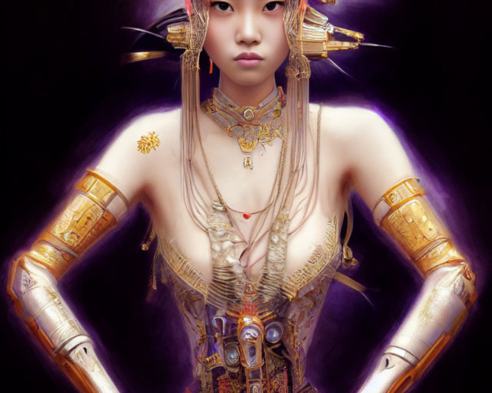 Elaborate fantasy costume with golden armor on dark purple background