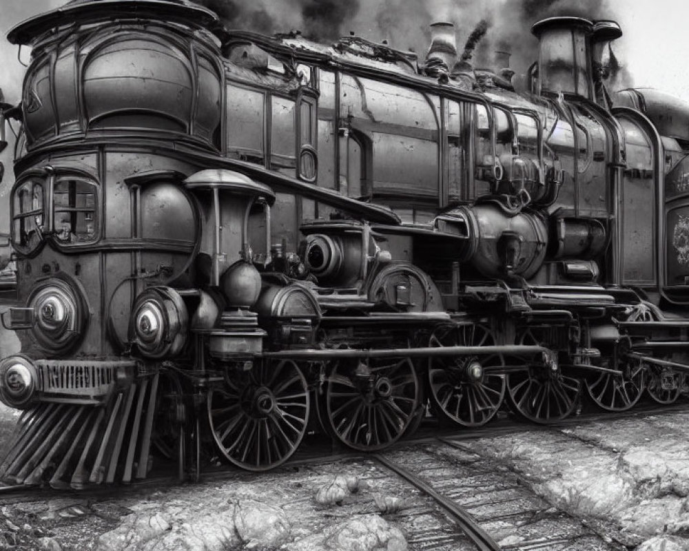 Detailed Vintage Black and White Steam Locomotive on Tracks