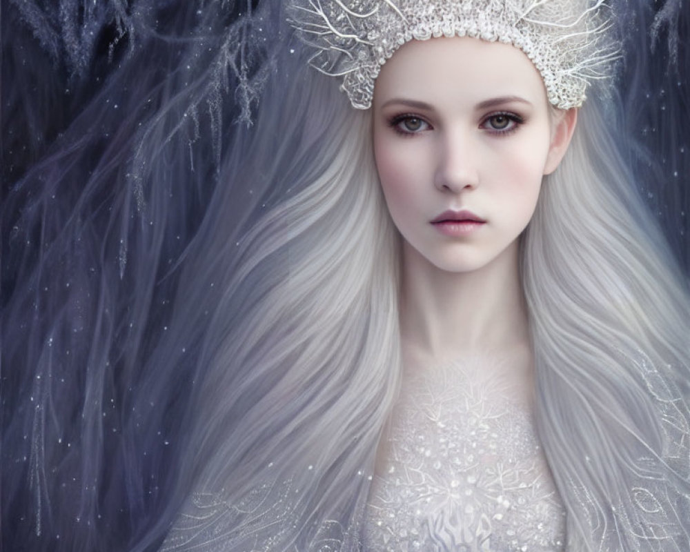 Fair-skinned woman with white hair in icy crown and gown against wintery background
