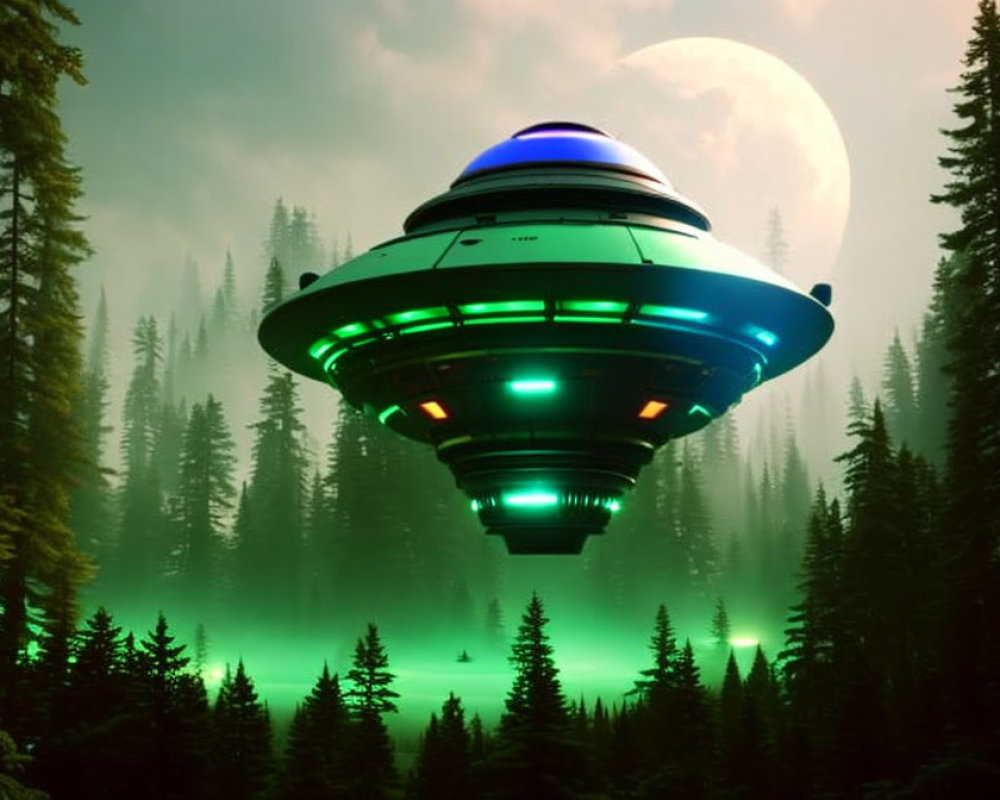 Glowing UFO over misty pine forest at night