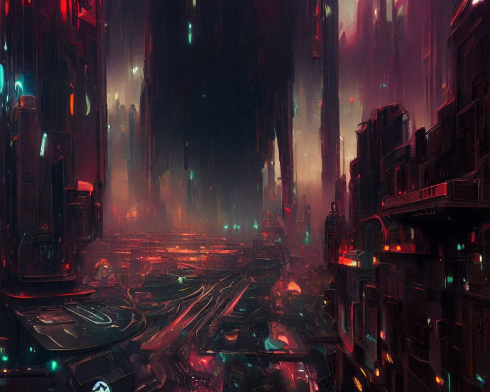Futuristic cyberpunk cityscape with neon lights & skyscrapers