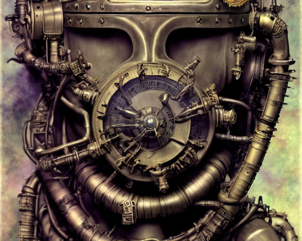 Steampunk apparatus with gears, pipes, and central wheel on textured backdrop