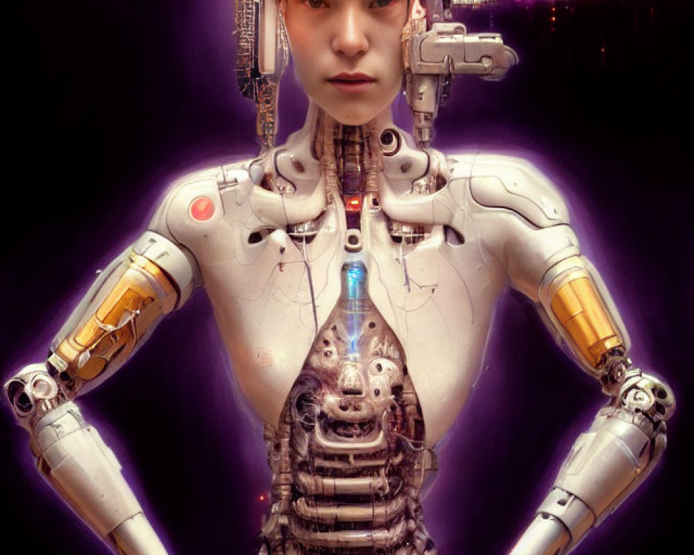 Realistic female humanoid robot with visible inner workings on dark purple background