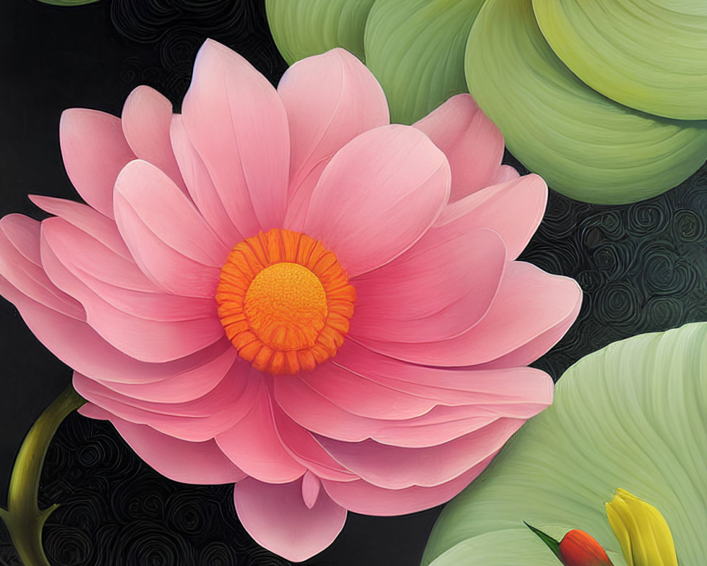 Colorful Pink Lotus Bloom Illustration with Yellow Center and Green Leaves