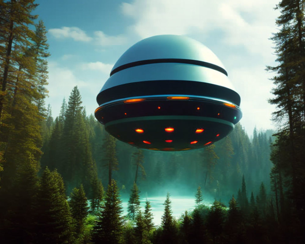 Futuristic UFO hovering over misty forest with glowing red lights