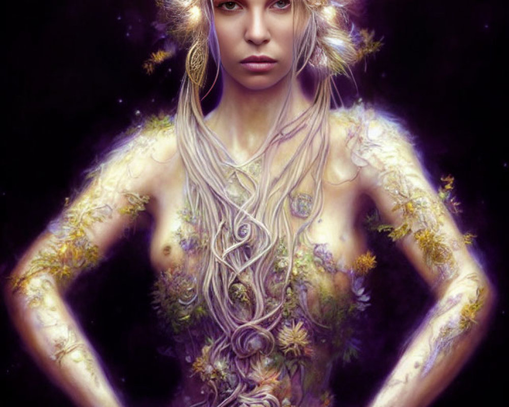 Mystical woman with floral and vine body art and starry night background