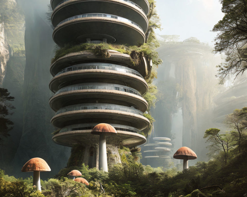 Futuristic multi-tiered building in lush forest with cliffs and mushroom-like structures
