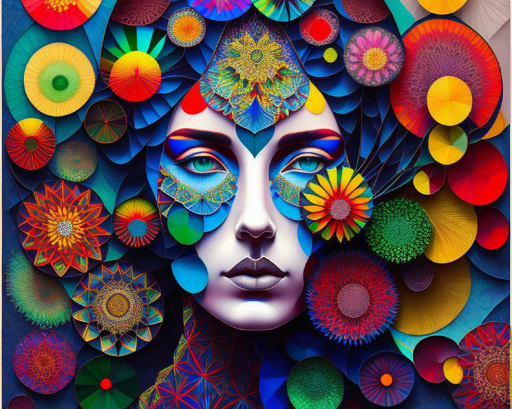 Colorful Abstract Portrait with Female Face and Geometric Patterns