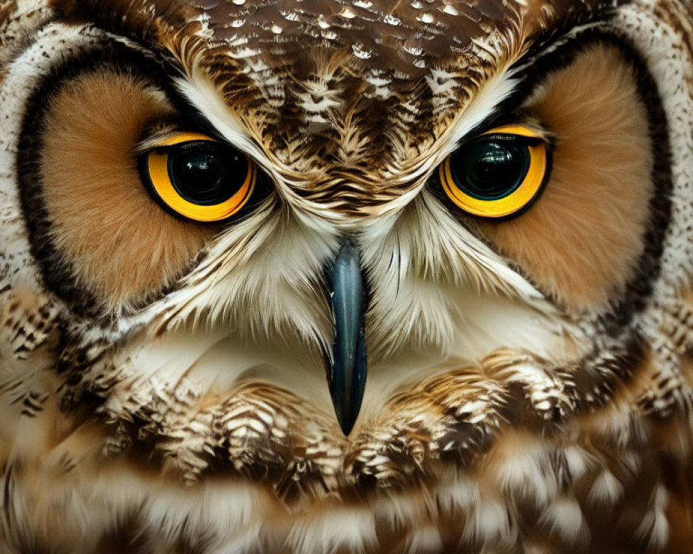 Detailed Close-Up of Owl's Face with Yellow Eyes & Sharp Beak