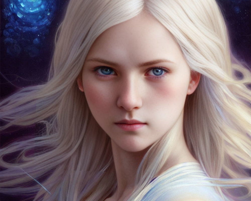 Digital portrait of woman with pale skin, icy blue eyes, and long white hair against cosmic backdrop.