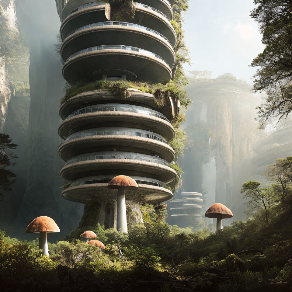 Futuristic multi-tiered building in lush forest with cliffs and mushroom-like structures