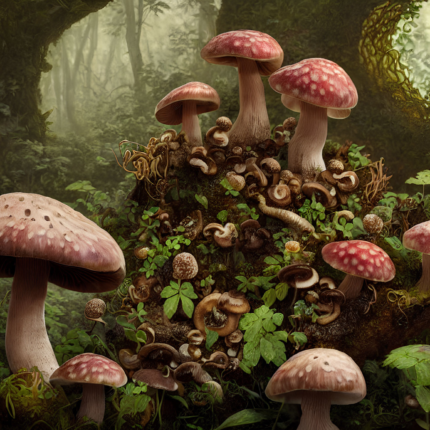 Mushrooms and fungi in misty forest setting