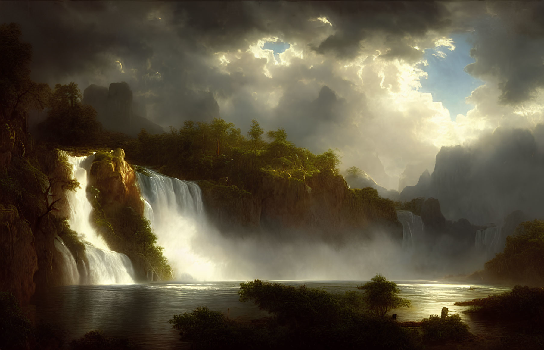 Tranquil landscape with waterfall, lake, and lush foliage