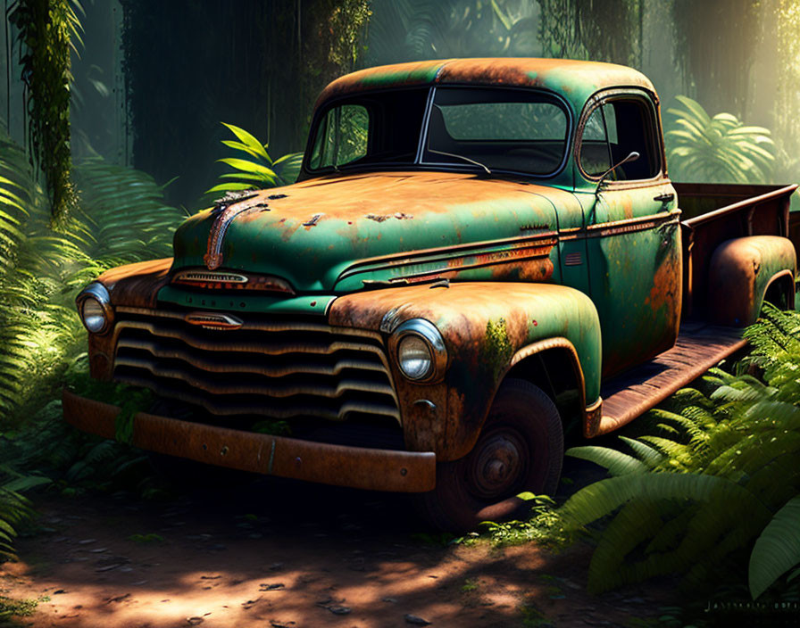 Rusted Vintage Pickup Truck in Lush Forest