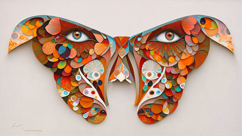 Symmetrical butterfly artwork with warm-toned eye patterns