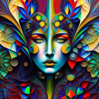Colorful digital artwork: Stylized female face with butterfly wings and intricate patterns