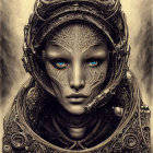 Surreal portrait of person with metallic headgear and blue eyes