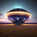 Glowing UFO with Orange Lights Hovering Above Grass Field at Dawn or Dusk