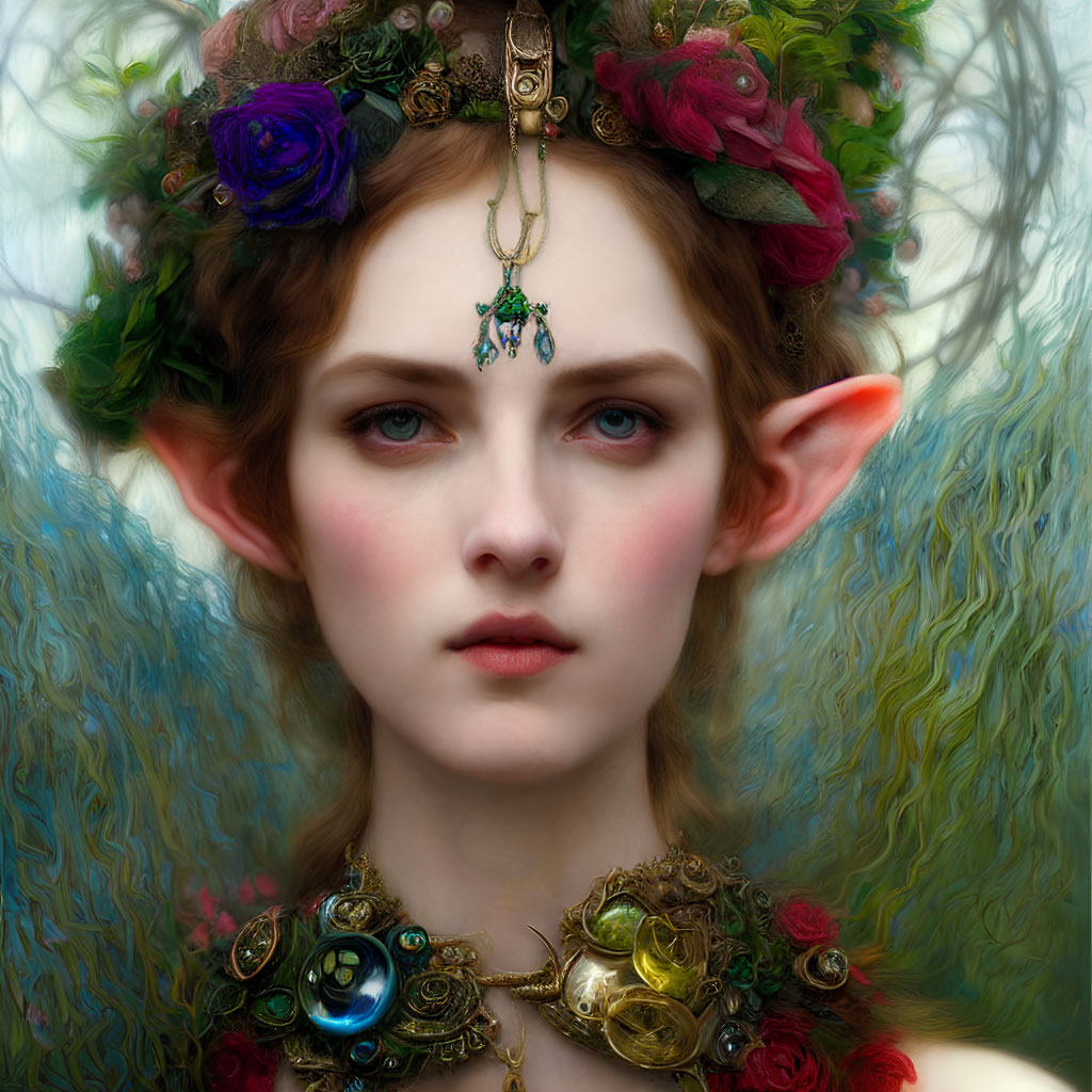 Ethereal being with pointed ears, floral crown, ornate jewelry, and intense gaze