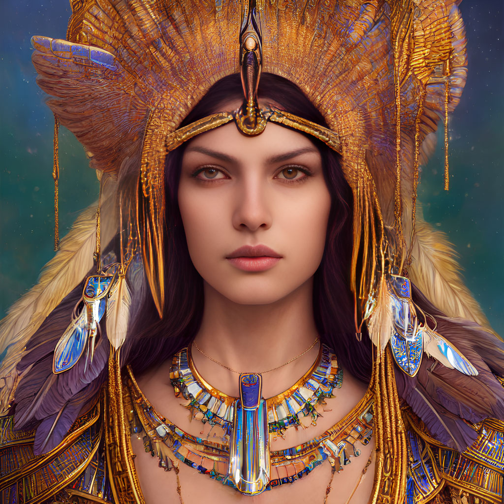 Woman in Golden Egyptian Headdress and Jewelry