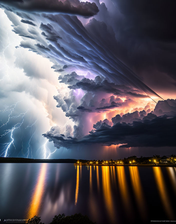 Intense lightning storm over lake with city lights reflecting under purple clouds