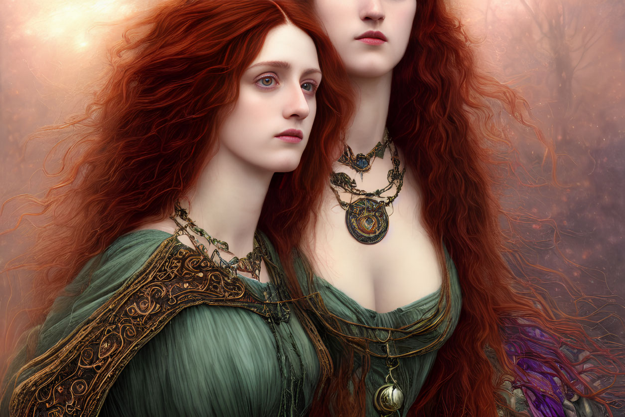 Two Women with Long Red Hair in Ornate Green Dresses and Gold Jewelry
