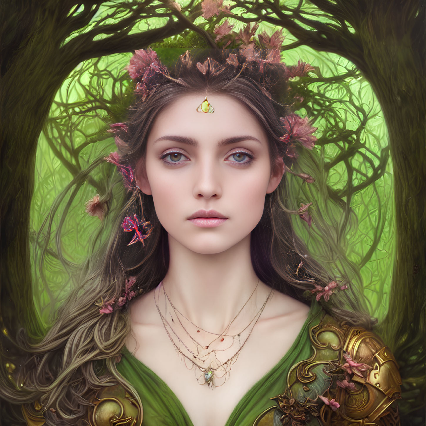 Mystical woman in floral crown and ornate armor with green dress and golden pendant