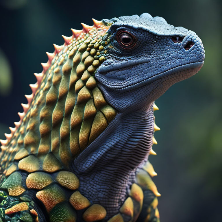 Colorful iguana with detailed scales in bright yellow and green shades