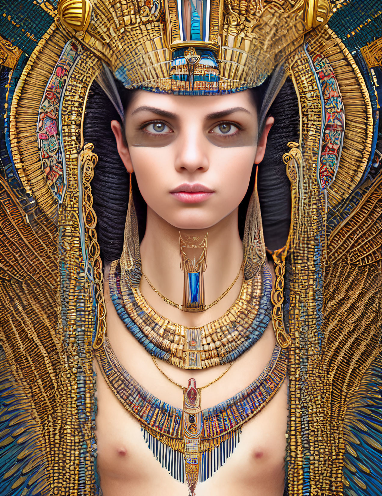Detailed portrayal of woman in ancient Egyptian royal attire with headdress and jewelry