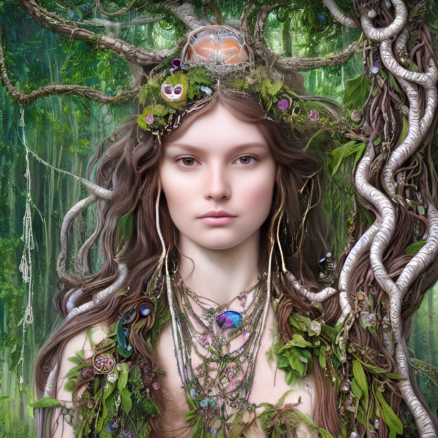 Digital portrait of a woman with mystical forest headdress - enchanting and magical.