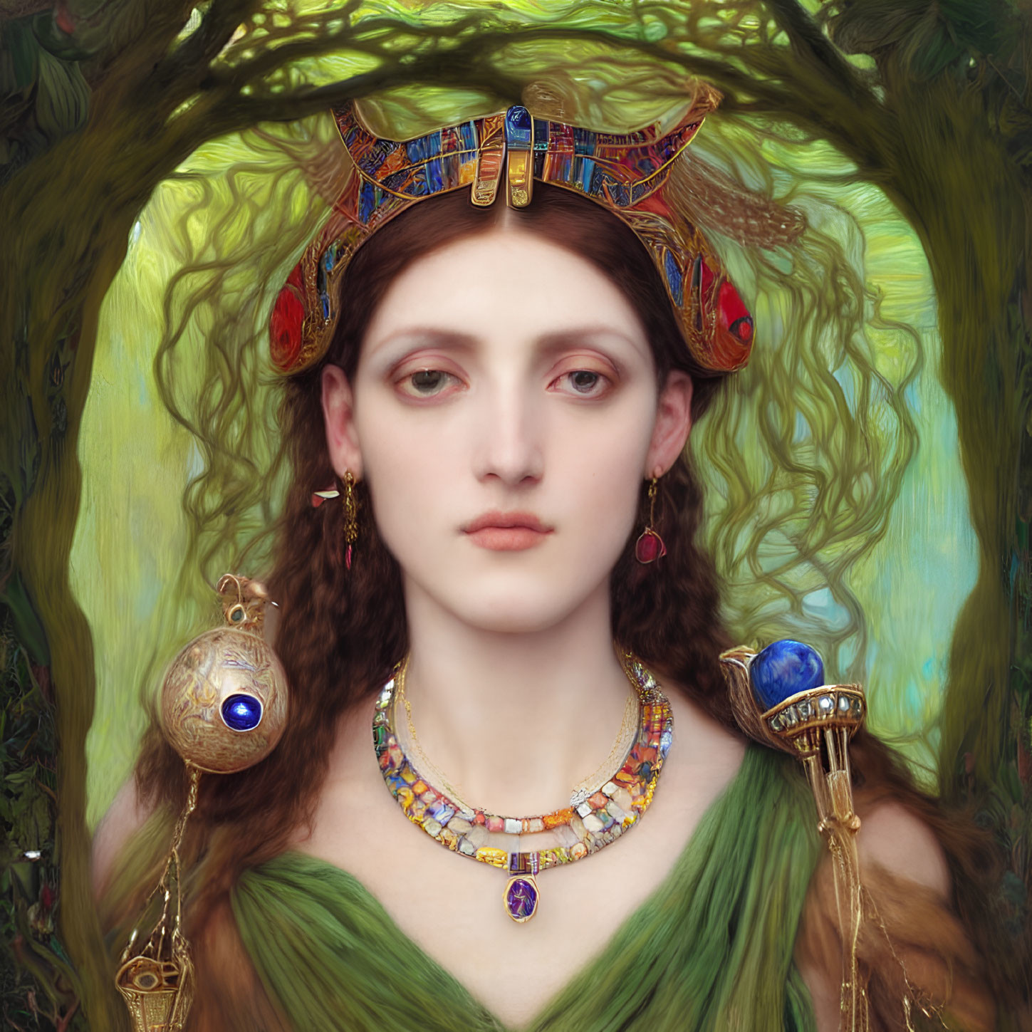 Portrait of Woman with Ornate Headdress and Jewelry in Natural Setting