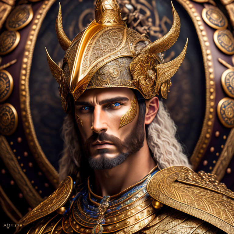 Bearded man in ornate golden helmet and armor with blue eyes