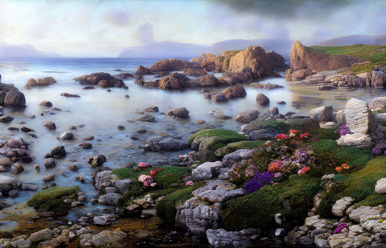Misty rocky shoreline with flower-covered foreground and distant cliffs