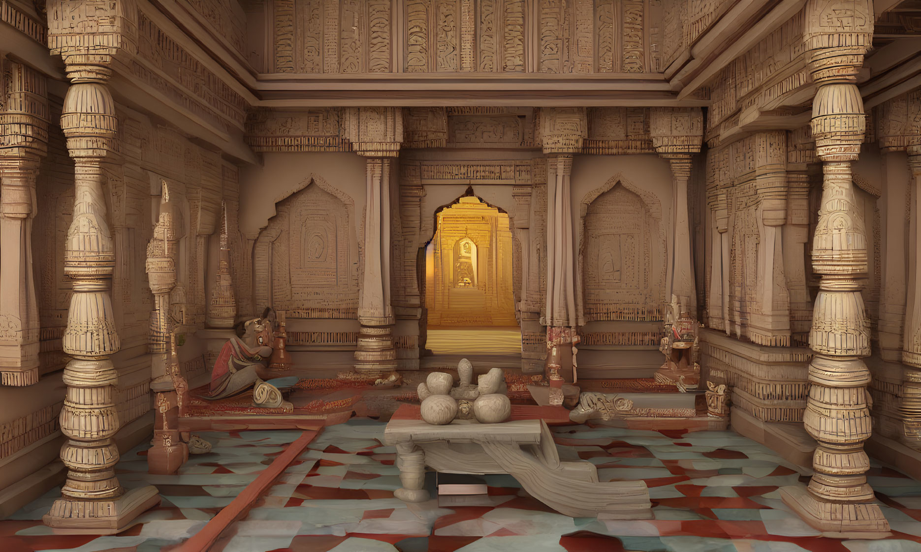 Intricate Hindu temple interior with golden sanctum door & deity statues