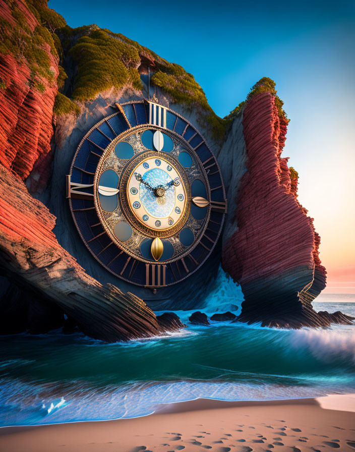 Surreal image: rocky coastline meets ornate clock face at sunset