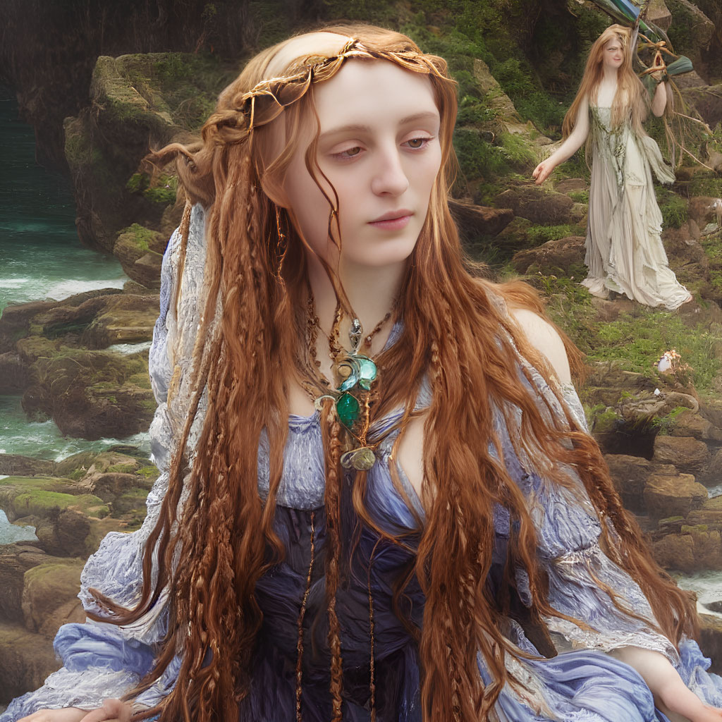 Two women by waterfall: one with braided hair and circlet, another playing harp.