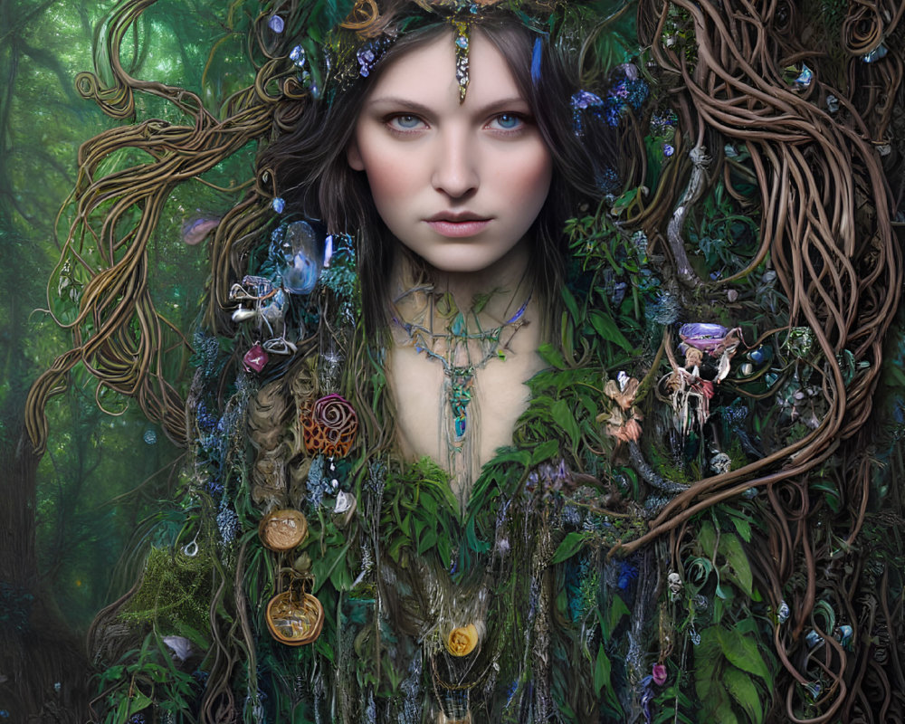 Portrait of woman with vine-like hair adorned with trinkets, flowers, and timepieces in mystical